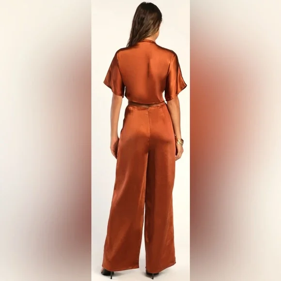 Lulus Flirt For Fun Rust Brown Tie-front Two-piece Wide-leg Jumpsuit - Size L - Picture 2 of 2